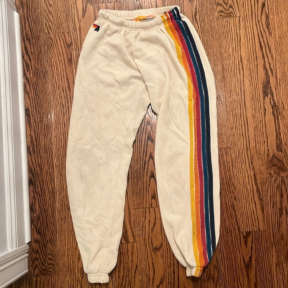 Aviator Nation Cream Track Pants with Rainbow Stripes